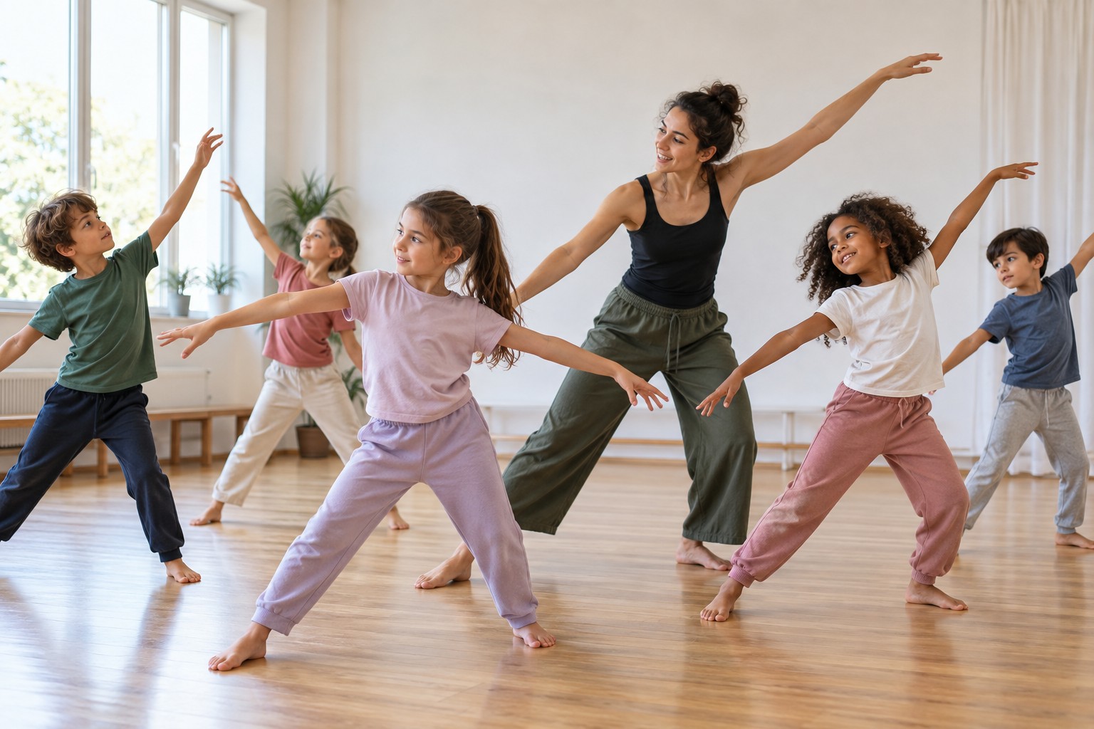 Imagem ilustrativa de crianças a explorar movimentos de dança contemporânea com uma professora