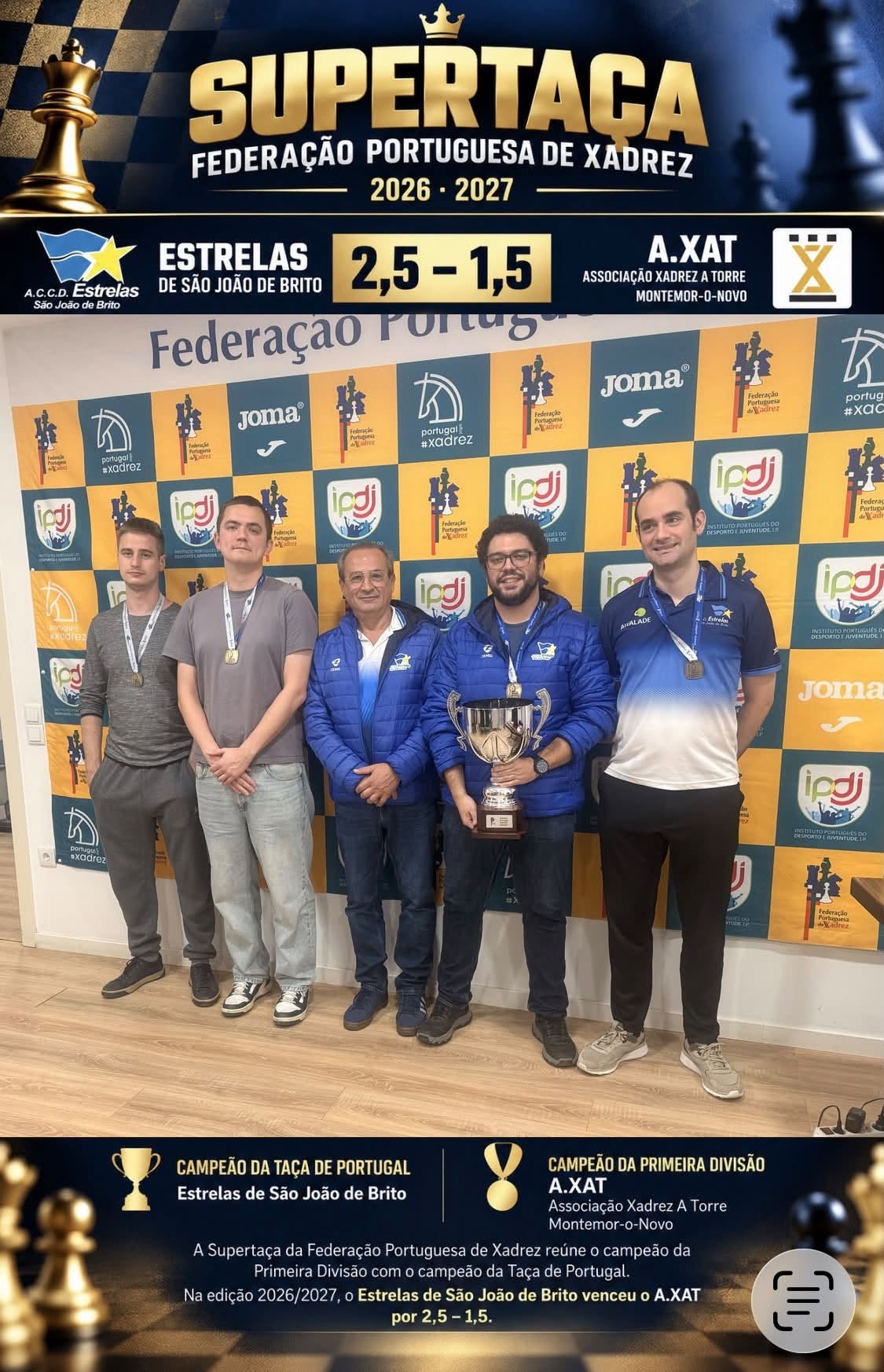 Estrelas SJB conquista a Supertaça Nacional de Xadrez 2026/2027 por 2,5–1,5 frente à A.XAT